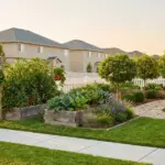 A productive mini farm for HOA neighborhoods featuring raised garden beds and fruit trees in a manicured suburban front yard.