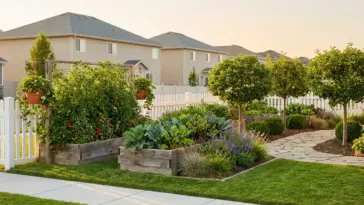 A productive mini farm for HOA neighborhoods featuring raised garden beds and fruit trees in a manicured suburban front yard.