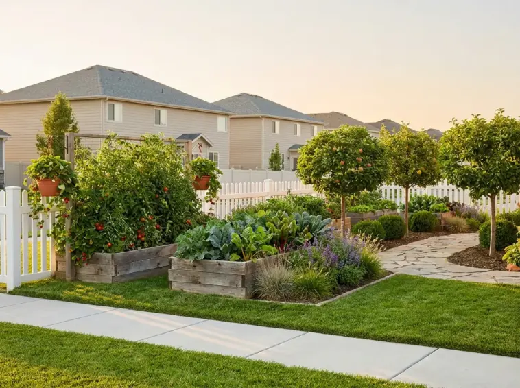 A productive mini farm for HOA neighborhoods featuring raised garden beds and fruit trees in a manicured suburban front yard.