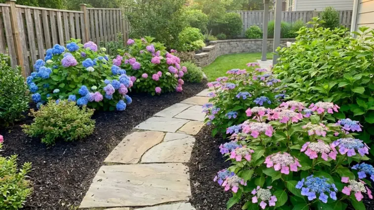 Mophead vs lacecap hydrangea comparison in a garden showing bloom shape, color, and garden style differences