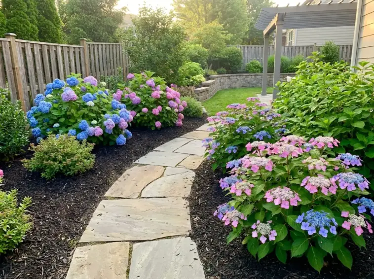 Mophead vs lacecap hydrangea comparison in a garden showing bloom shape, color, and garden style differences