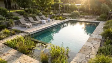Stunning natural pool design with planted regeneration zone, natural stone edging, and eco-friendly backyard oasis landscaping