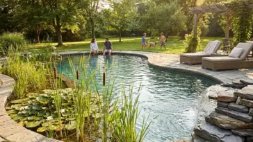 DIY natural pool filtration system with regeneration zone, aquatic plants, and clear chemical-free summer swimming pool