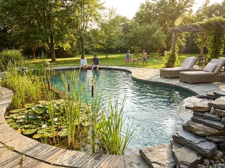 DIY natural pool filtration system with regeneration zone, aquatic plants, and clear chemical-free summer swimming pool