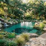 Lush backyard natural pool ideas featuring a rock waterfall, flagstone path, and aquatic plants for an eco-friendly swimming pond.