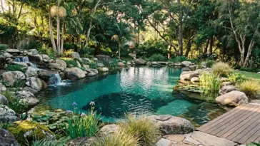 Lush backyard natural pool ideas featuring a rock waterfall, flagstone path, and aquatic plants for an eco-friendly swimming pond.