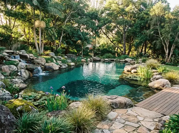 Lush backyard natural pool ideas featuring a rock waterfall, flagstone path, and aquatic plants for an eco-friendly swimming pond.