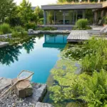 Natural pool turning green with algae bloom beside a healthy regeneration zone, showing toxin-free natural pool care and eco-friendly water clearing
