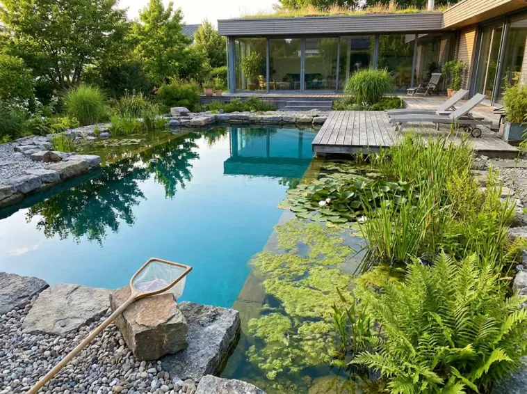 Natural pool turning green with algae bloom beside a healthy regeneration zone, showing toxin-free natural pool care and eco-friendly water clearing