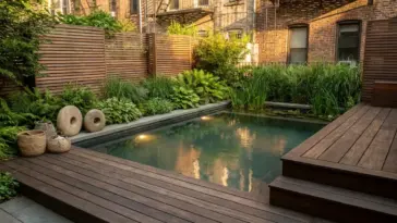 Small space natural pool in an urban garden with plunge pool design, layered planting, wood decking, and modern organic landscaping