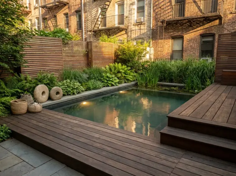 Small space natural pool in an urban garden with plunge pool design, layered planting, wood decking, and modern organic landscaping