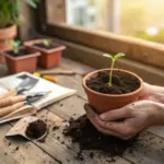 Essential garden help for beginners showing a person potting a young seedling in a terra cotta pot on a sunlit wooden workbench.