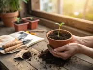 Essential garden help for beginners showing a person potting a young seedling in a terra cotta pot on a sunlit wooden workbench.