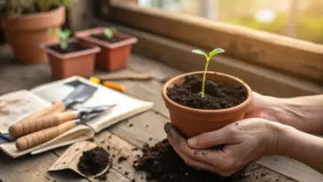 Essential garden help for beginners showing a person potting a young seedling in a terra cotta pot on a sunlit wooden workbench.