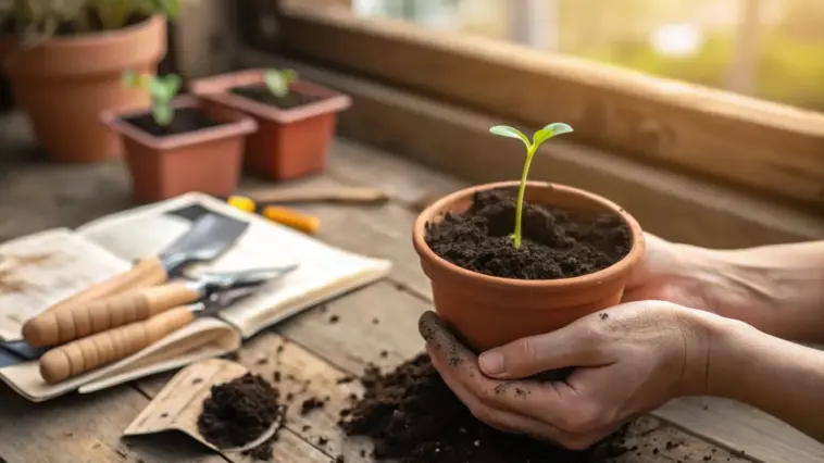 Essential garden help for beginners showing a person potting a young seedling in a terra cotta pot on a sunlit wooden workbench.