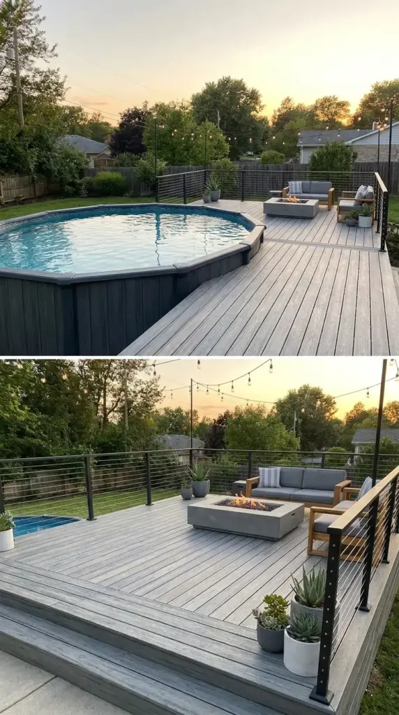 Above ground pool with wraparound deck creating a modern semi-inground luxury pool look