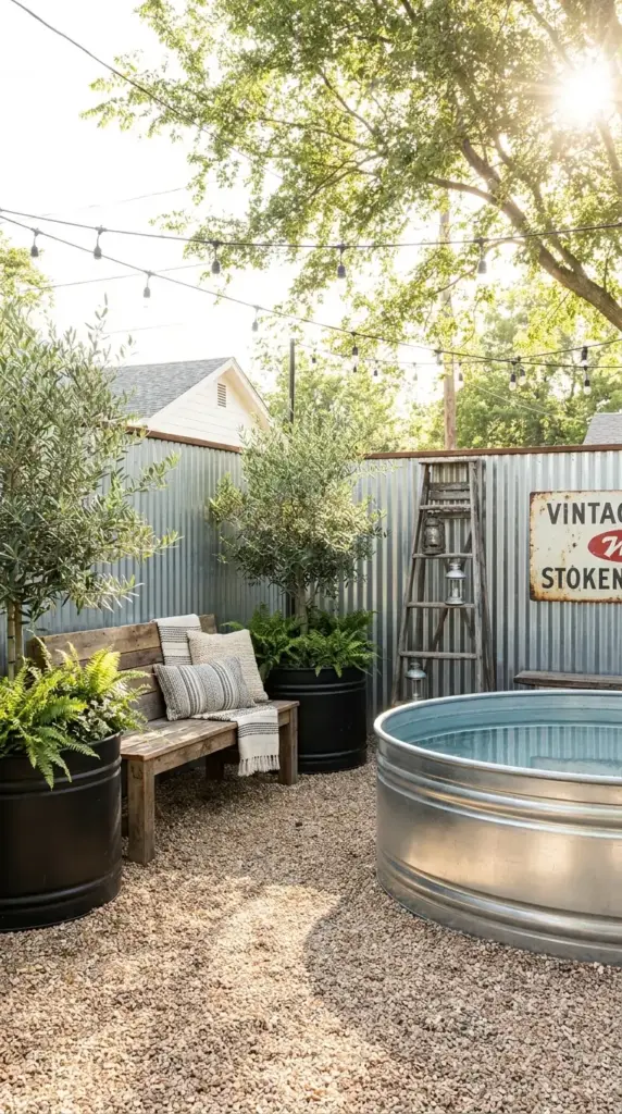 Stock tank pool in a rustic industrial backyard with galvanized steel, gravel, wood, and black accents