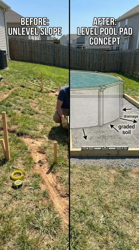 Sloped backyard pool planning with slope measurement, yard leveling, and drainage solutions for above ground pools
