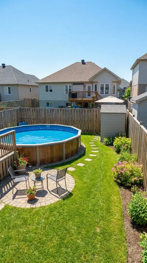 Above ground pool in a small suburban backyard showing space-saving layout and budget-friendly backyard pool design