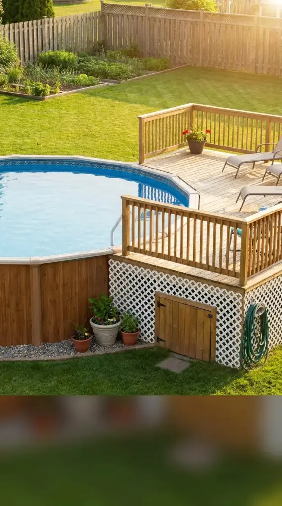 Above ground pool deck with lattice skirting hiding pump and filter equipment