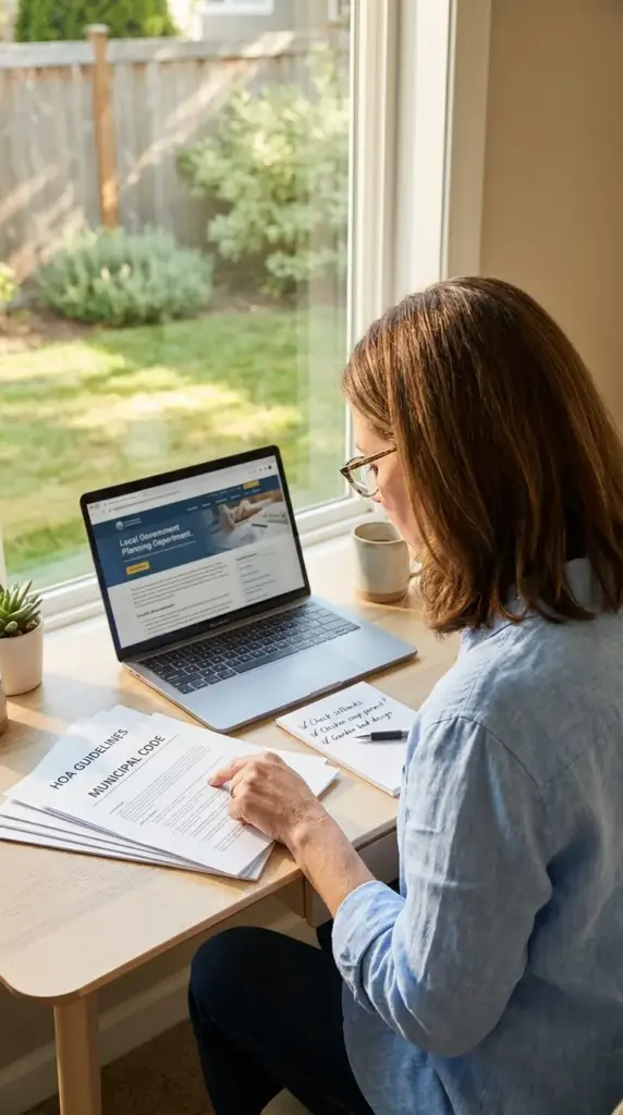 A woman researching local zoning and HOA regulations to plan a backyard mini farm with chickens using her laptop and municipal documents.