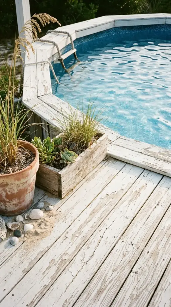 White wash wood deck around an above ground pool with coastal backyard design and weathered wood decking details