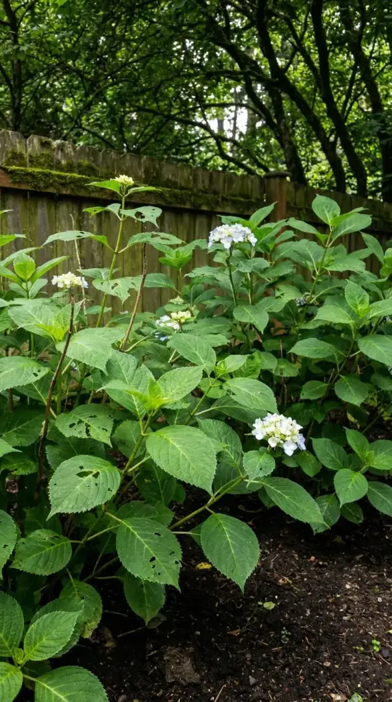 Hydrangea hedge in deep shade showing leafy growth, fewer blooms, and low-light conditions