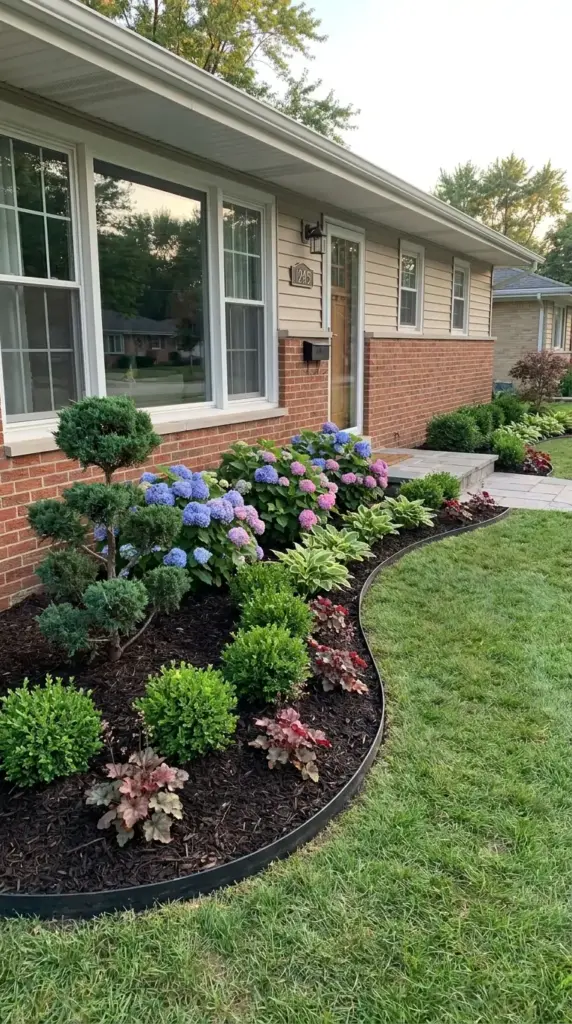 Compact hydrangea foundation planting for a small front yard with neat edging and mulch