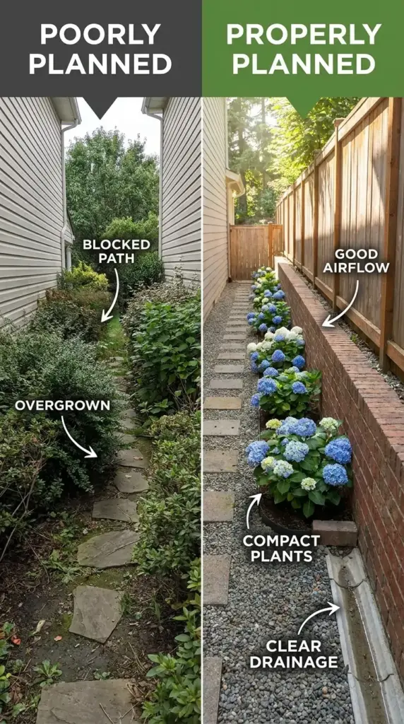narrow side yard hydrangea planning comparison showing path clearance airflow and compact shrub spacing