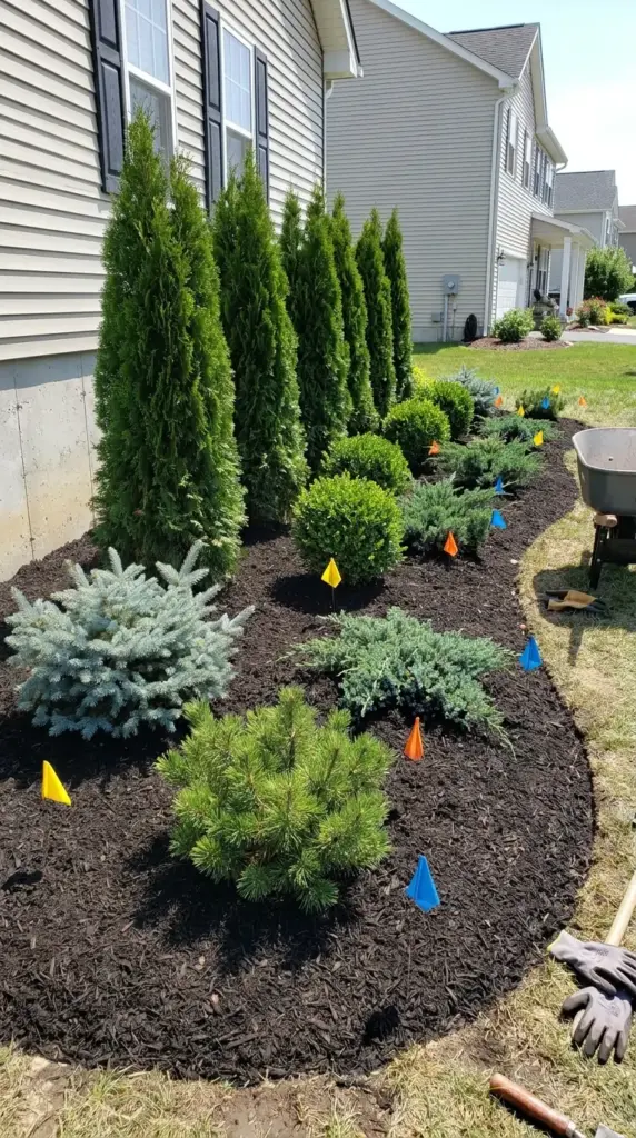 Evergreen backbone planting with arborvitae and compact shrubs for year-round landscape structure