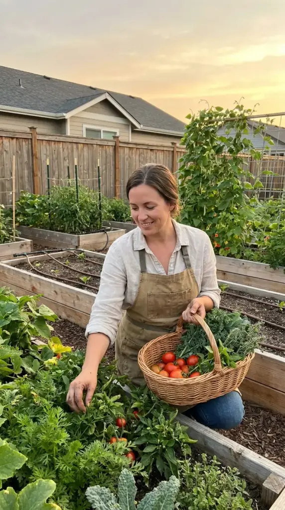 A woman harvesting organic vegetables for her mini farm in less than half an acre, using raised garden beds and drip irrigation to maximize small space food production.