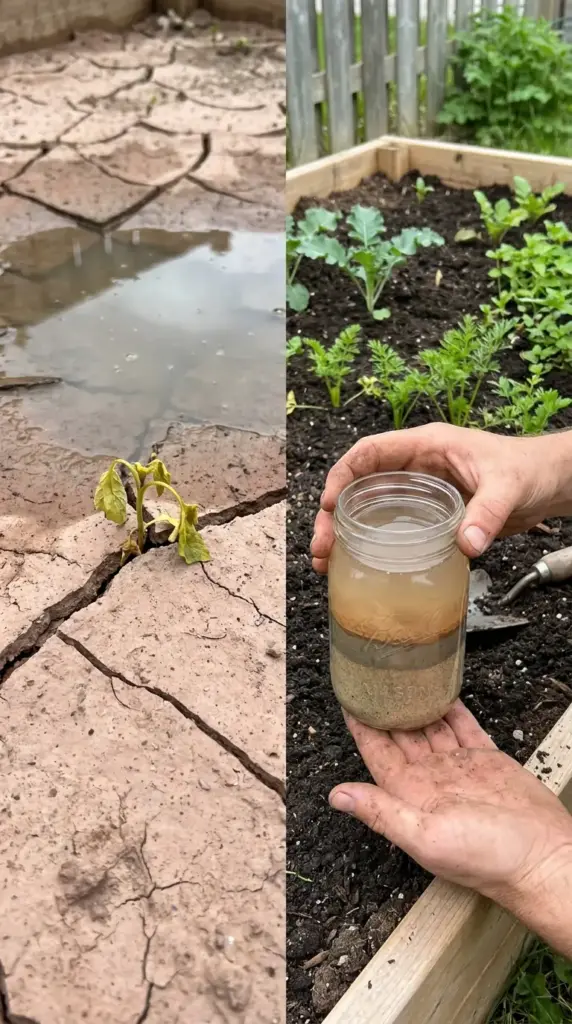 A comparison of cracked earth and a soil jar test used to improve a mini farm on poor or clay soil for better vegetable growth.