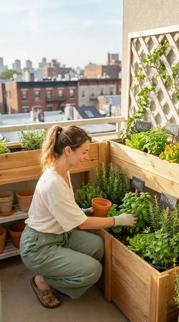A woman tending to her balcony mini farm with fast-growing veggies and herbs like basil and mint in tiered wooden planters.