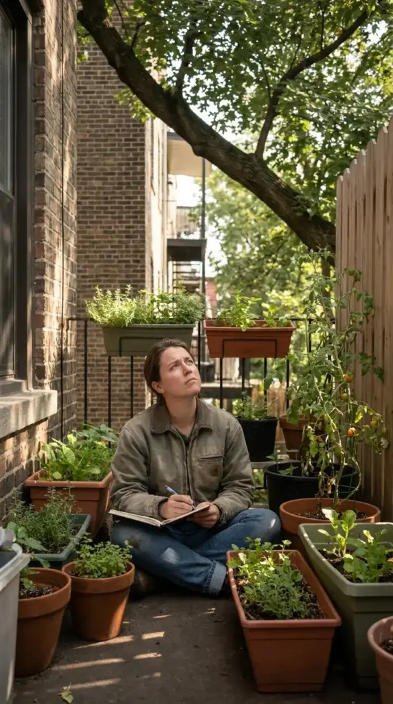 A woman tracking progress on her balcony mini farm with limited sunlight, surrounded by container-grown herbs and vegetables in a shaded urban space.