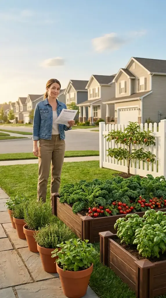 Successful mini farm for HOA neighborhoods showing a woman following guidelines to grow vegetables and herbs in a suburban front yard.