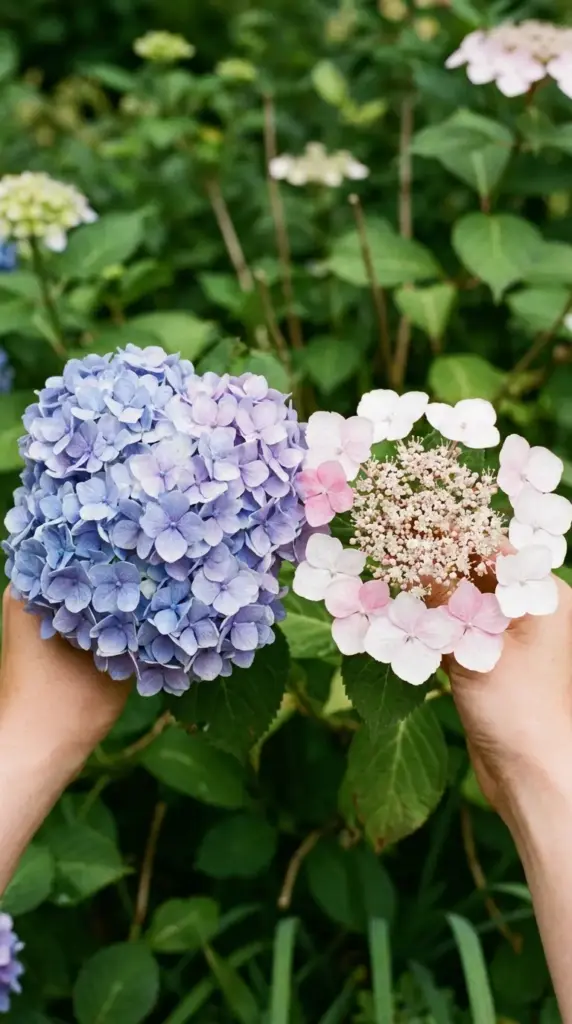 Side-by-side mophead hydrangea and lacecap hydrangea bloom comparison showing different flower shapes
