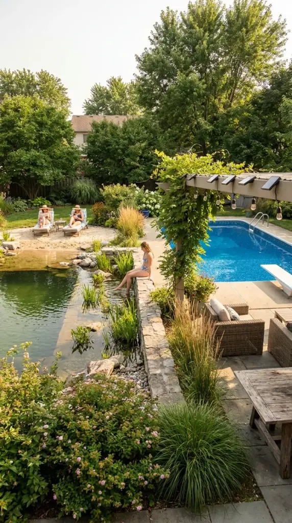 Natural pool filtration trend in 2026 showing a chemical-free pool compared with a traditional backyard pool