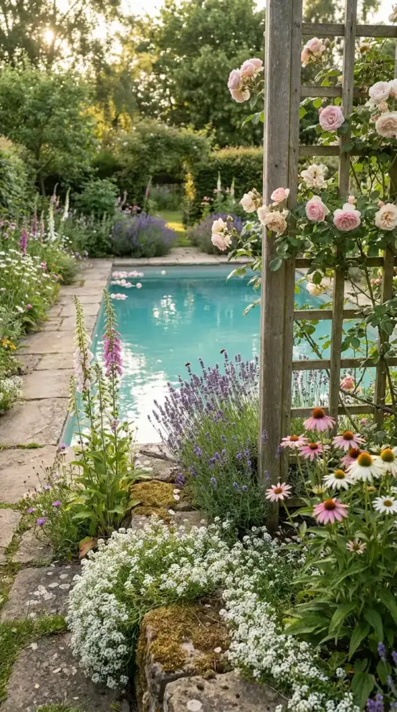 English cottage garden natural pool ideas featuring pink climbing roses on a trellis, lavender, and foxgloves by a flagstone swimming pool.