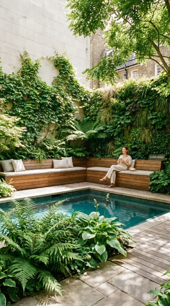 Natural swimming pool trend in a small urban garden with biophilic design and a relaxing city courtyard layout