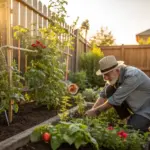 An elderly man with a white beard wearing a straw hat and denim shirt tends to a lush backyard vegetable garden during a golden sunset, providing garden help by carefully planting and inspecting green foliage in a raised wooden garden bed.