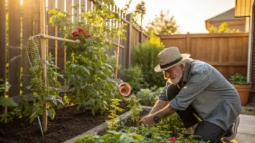 An elderly man with a white beard wearing a straw hat and denim shirt tends to a lush backyard vegetable garden during a golden sunset, providing garden help by carefully planting and inspecting green foliage in a raised wooden garden bed.