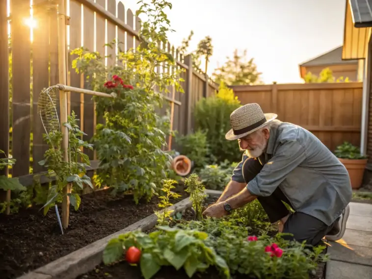 An elderly man with a white beard wearing a straw hat and denim shirt tends to a lush backyard vegetable garden during a golden sunset, providing garden help by carefully planting and inspecting green foliage in a raised wooden garden bed.