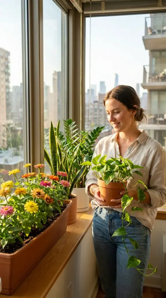 A smiling woman holding a healthy pothos plant, offering garden help for beginners on how to grow indoor windowsill plants.