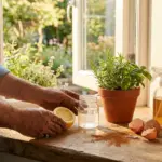 Natural garden help with household items showing a person using lemon, eggshells, and cinnamon to care for indoor herbs.