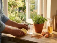 Natural garden help with household items showing a person using lemon, eggshells, and cinnamon to care for indoor herbs.