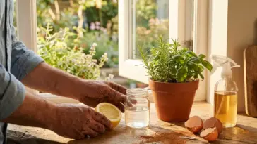 Natural garden help with household items showing a person using lemon, eggshells, and cinnamon to care for indoor herbs.