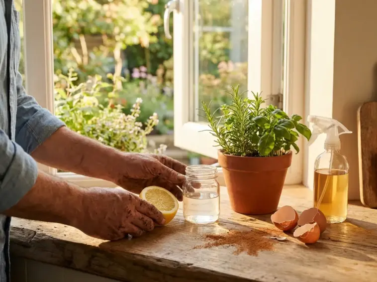 Natural garden help with household items showing a person using lemon, eggshells, and cinnamon to care for indoor herbs.