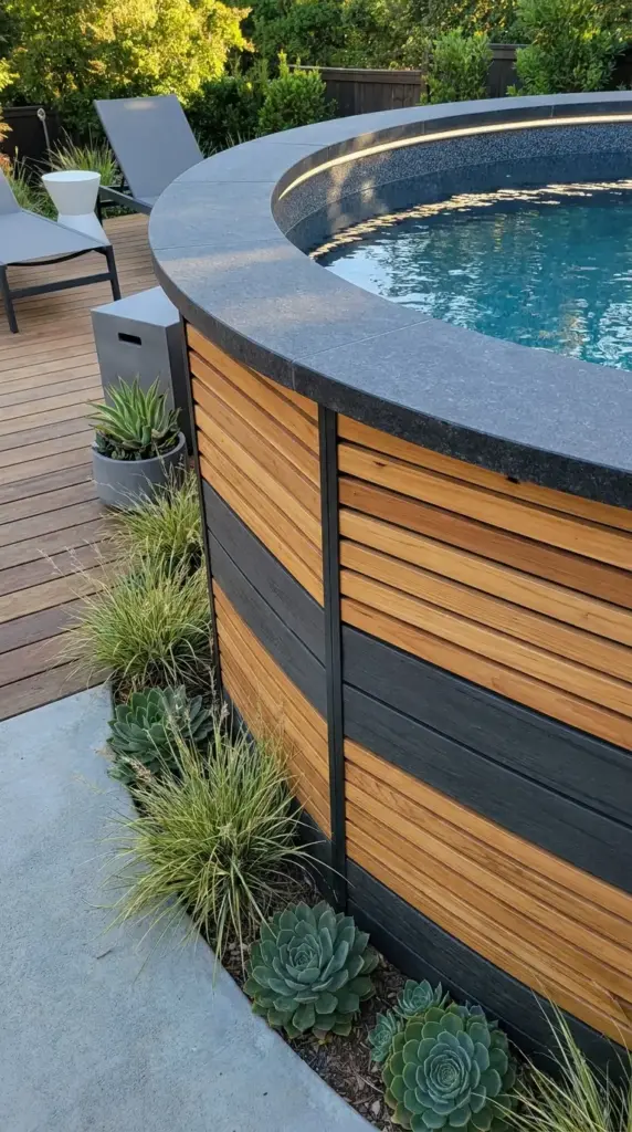 Stylish pool wall cladding for above ground pool with wood slats and modern luxury finish