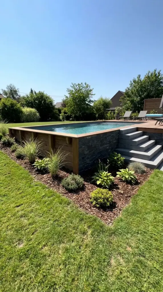 Semi-inground pool built into a hill with stone veneer skirting for a sloped backyard pool design