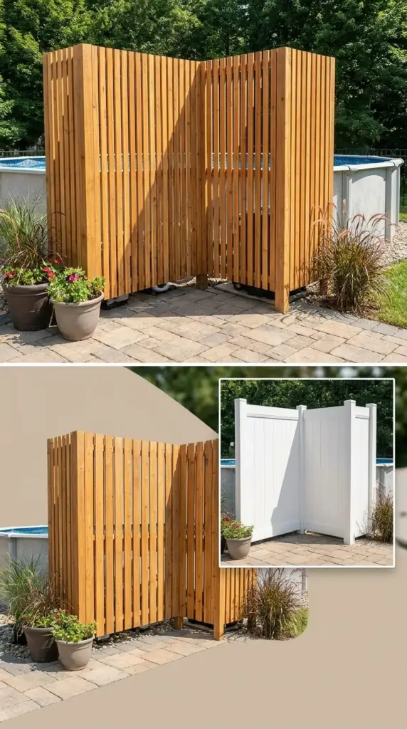 No-dig cedar and vinyl privacy screens hiding above ground pool pump and filter